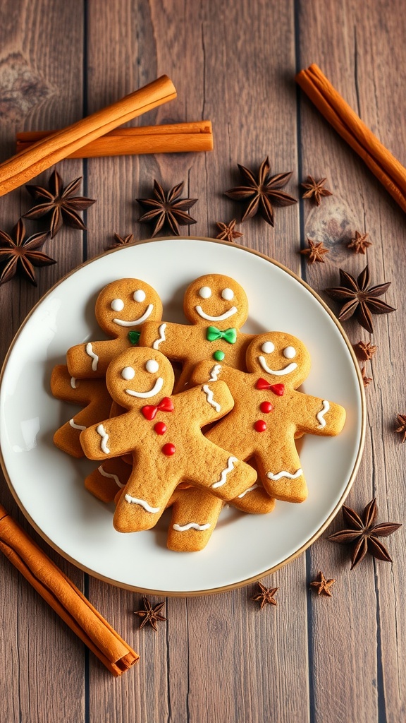 A plate of gingerbread cookies shaped like men, decorated with icing, on a wooden table with spices.